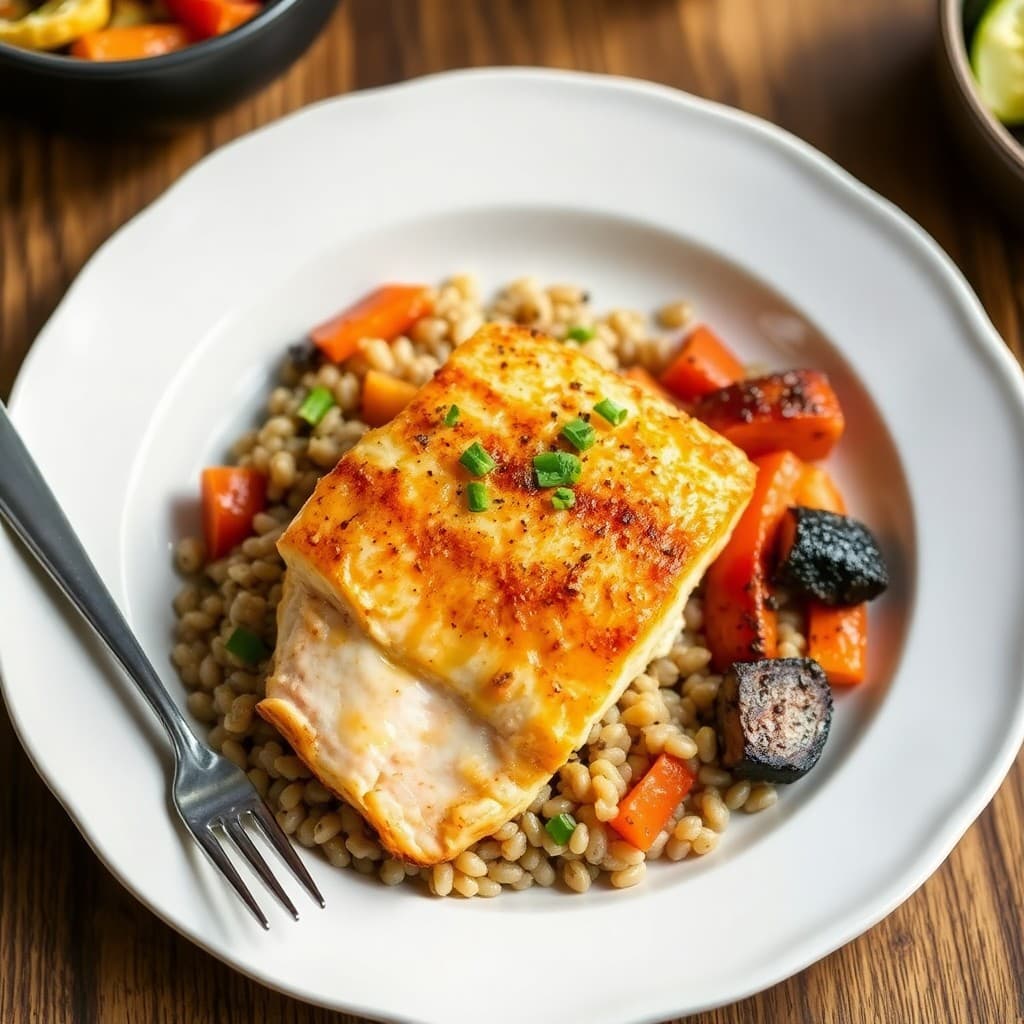 Seared Ginger-Garlic Salmon with Roasted Veggie Barley Bowl