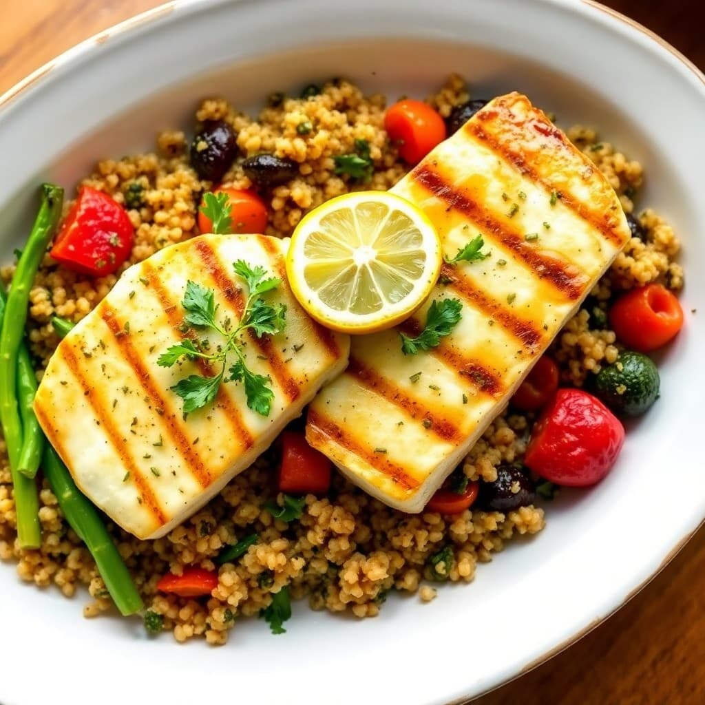 Grilled Lemon Herb Halibut with Roasted Vegetable Quinoa