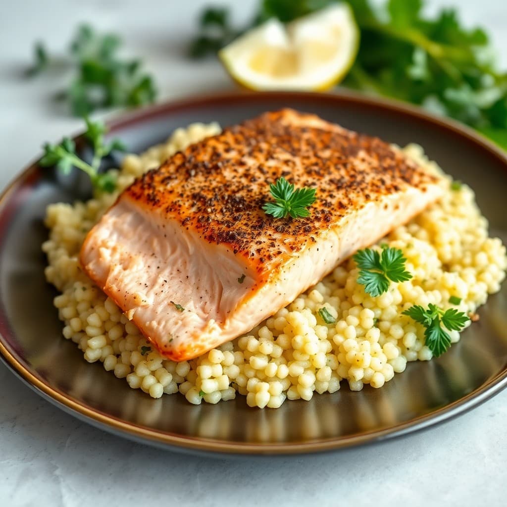 Mediterranean Baked Salmon with Lemon Herb Couscous