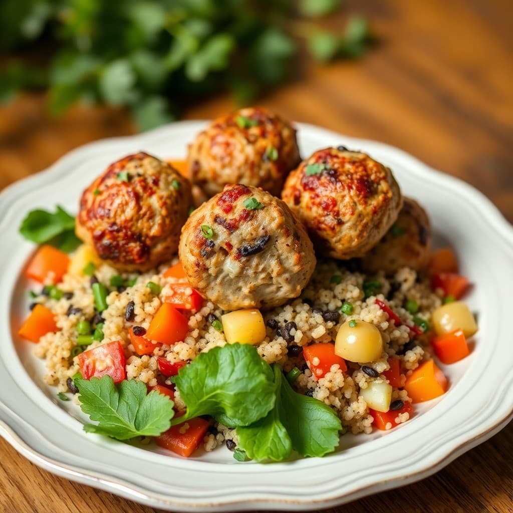 Zesty Mediterranean Turkey Meatballs with Roasted Veggie Salad