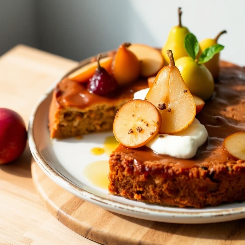 Italian Chestnut & Olive Oil Torte with Whipped Ricotta & Roasted Pear Compote