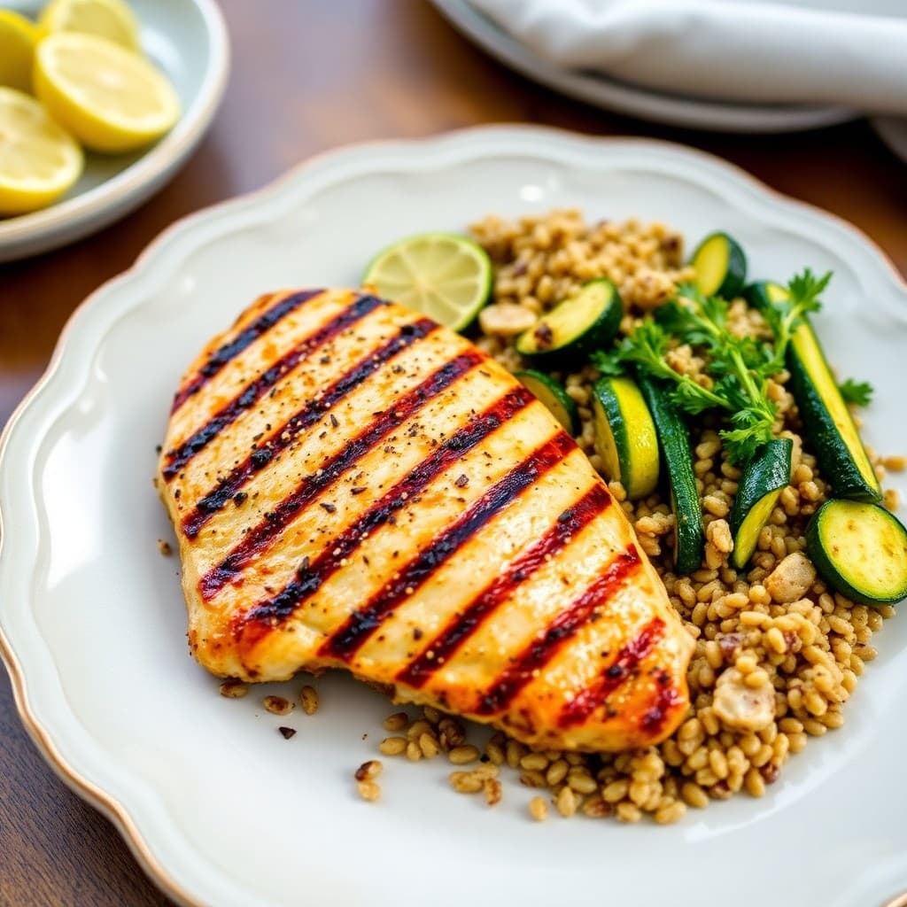 Grilled Lemon Garlic Chicken with Roasted Zucchini and Farro