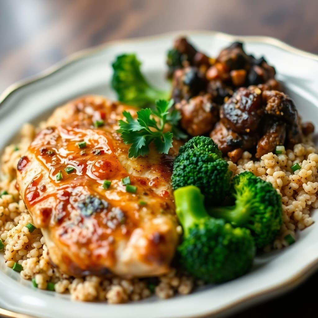Seared Ginger-Garlic Chicken with Roasted Broccoli and Quinoa Salad