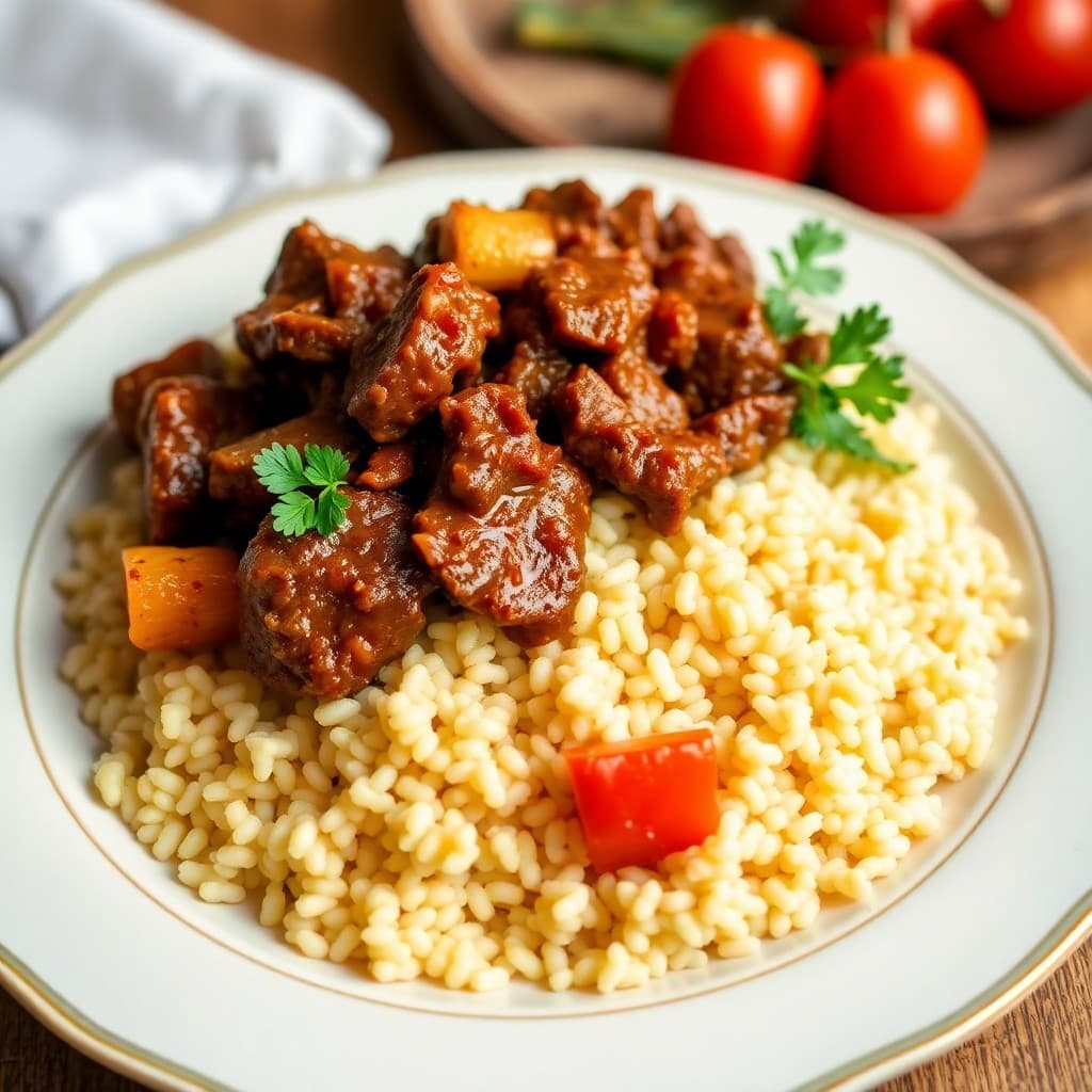 Moroccan Spiced Beef Tagine with Couscous Pilaf