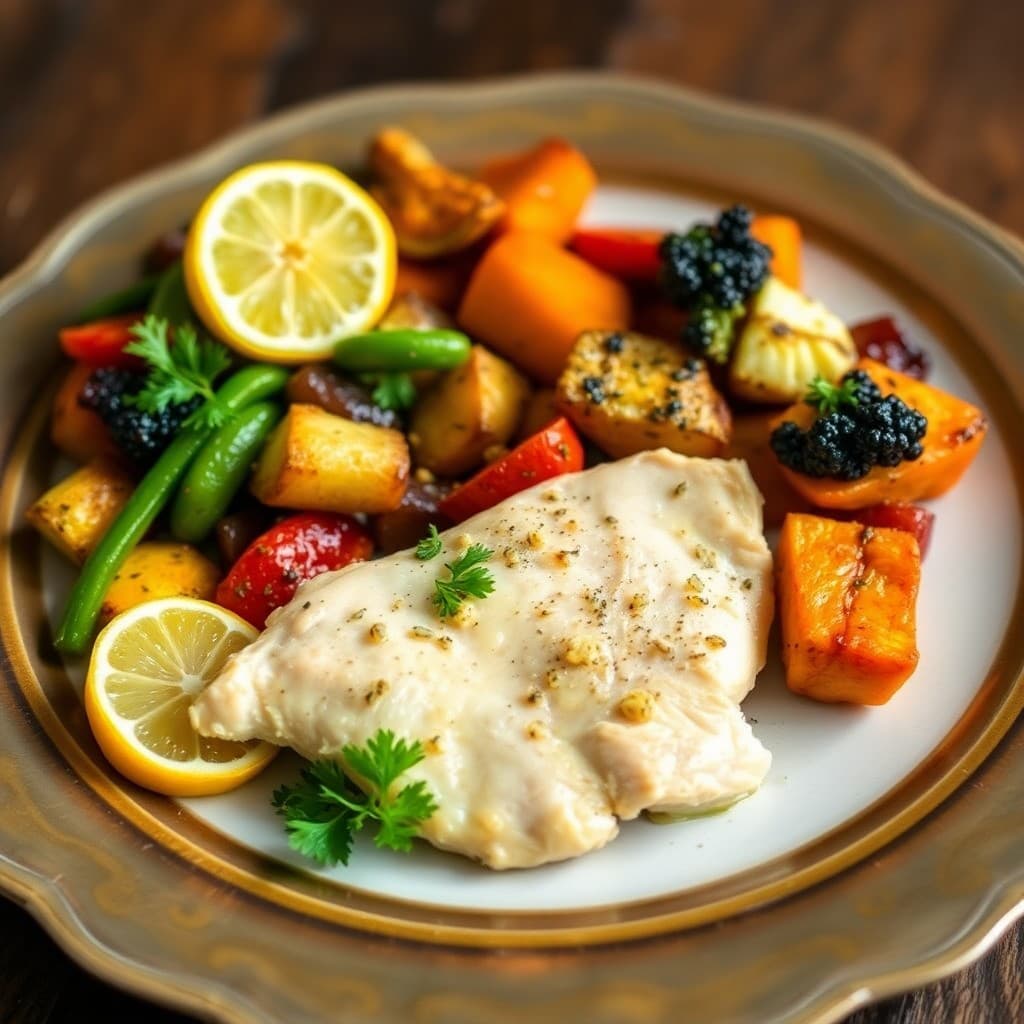 Zesty Lemon Garlic Chicken with Roasted Veggie Medley