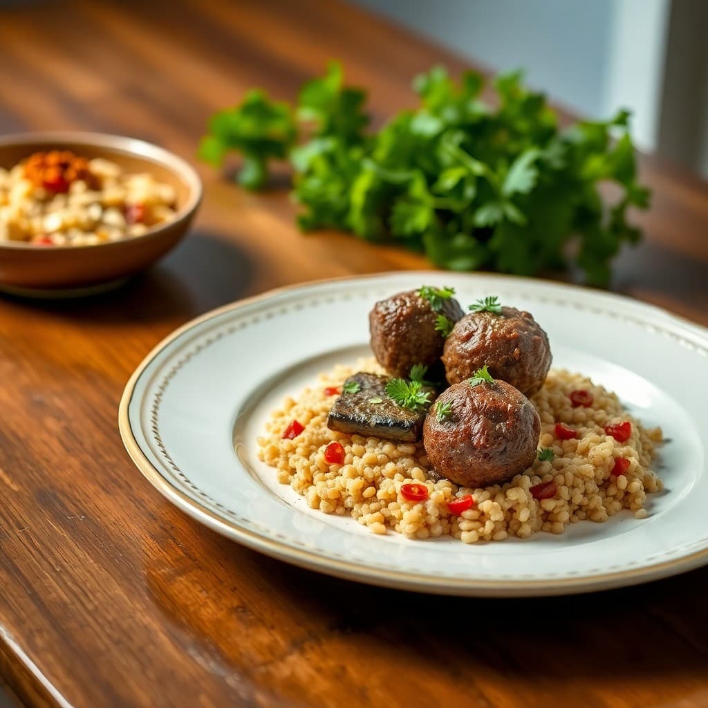 Turkish Lamb Köfte with Roasted Eggplant & Bulgur Pilaf