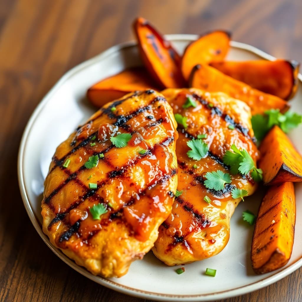 Grilled Honey-Lime Chili Chicken with Roasted Sweet Potato Wedges