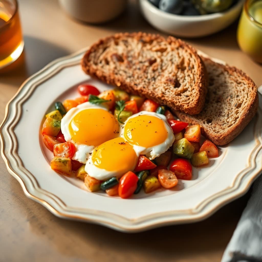 Baked Eggs with Roasted Vegetables and Whole Grain Toast