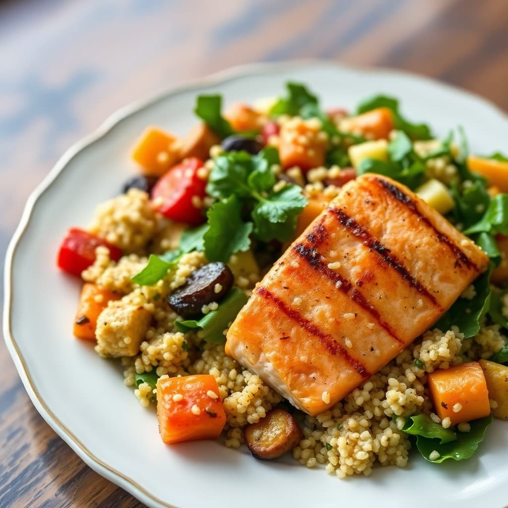 Roasted Vegetable and Quinoa Salad with Grilled Salmon