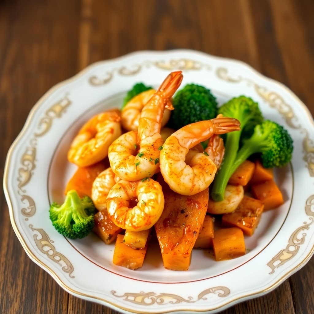 Zesty Lemon Garlic Shrimp with Roasted Sweet Potato and Broccoli