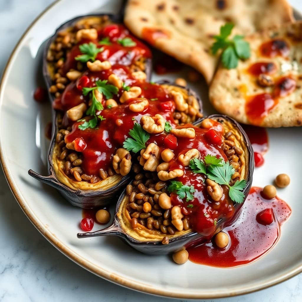 Turkish Lentil & Walnut Stuffed Eggplant with Pomegranate-Walnut Sauce