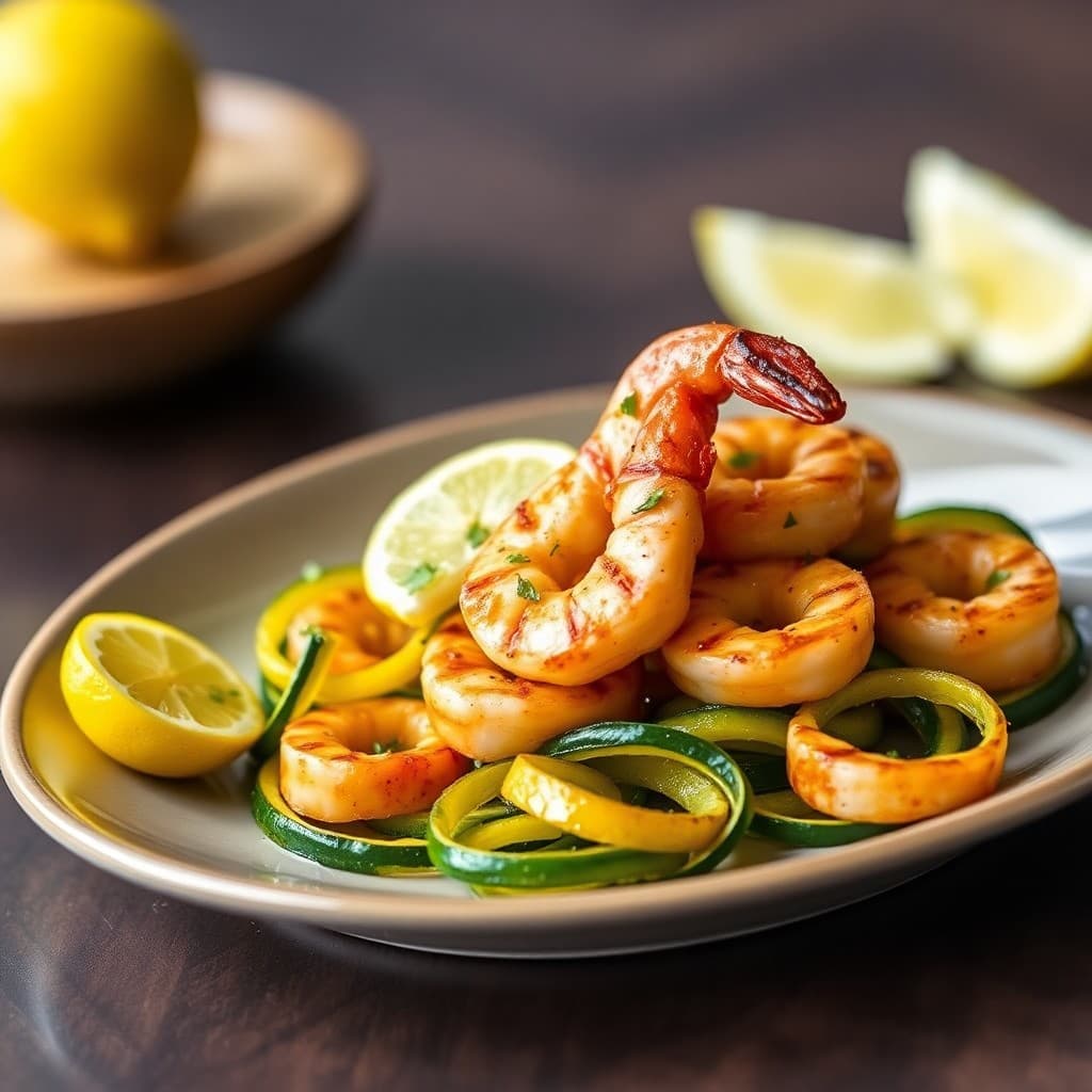 Grilled Lemon-Garlic Shrimp with Roasted Zucchini Ribbons
