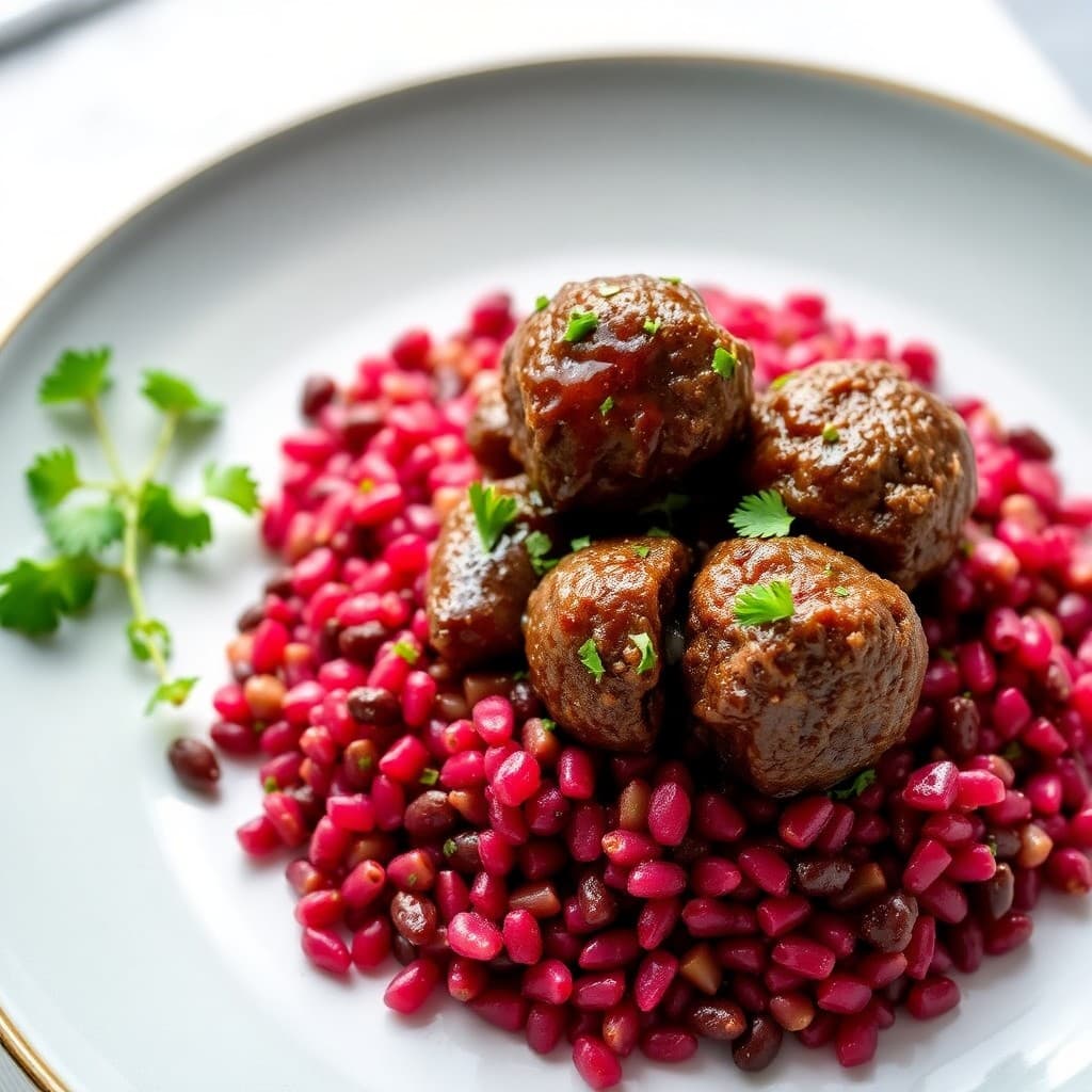 Turkish Pomegranate-Glazed Lamb Meatballs with Roasted Beet & Lentil Pilaf