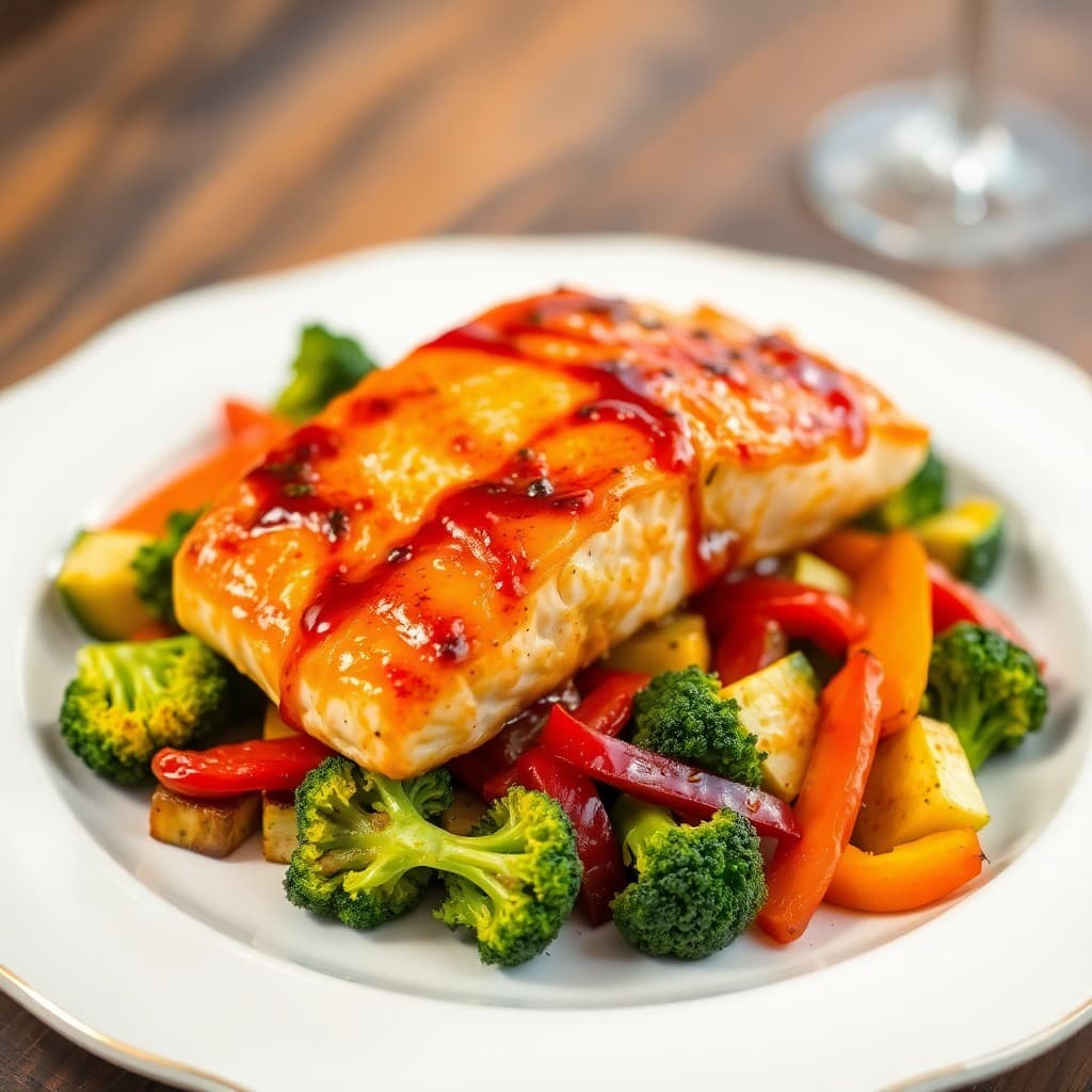 Seared Teriyaki Salmon with Roasted Veggie Medley