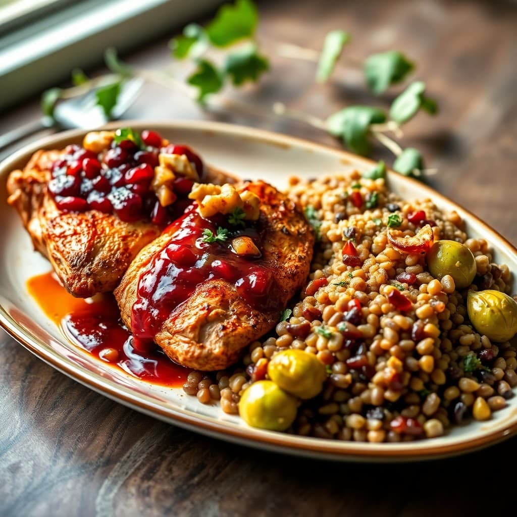 Turkish Roasted Chicken with Pomegranate-Walnut Sauce & Herbed Lentil Pilaf