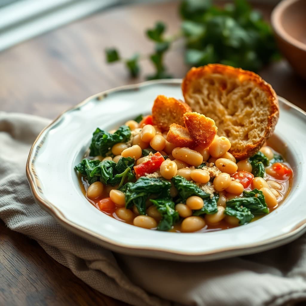 Italian White Bean & Kale Ribollita with Crispy Garlic Croutons