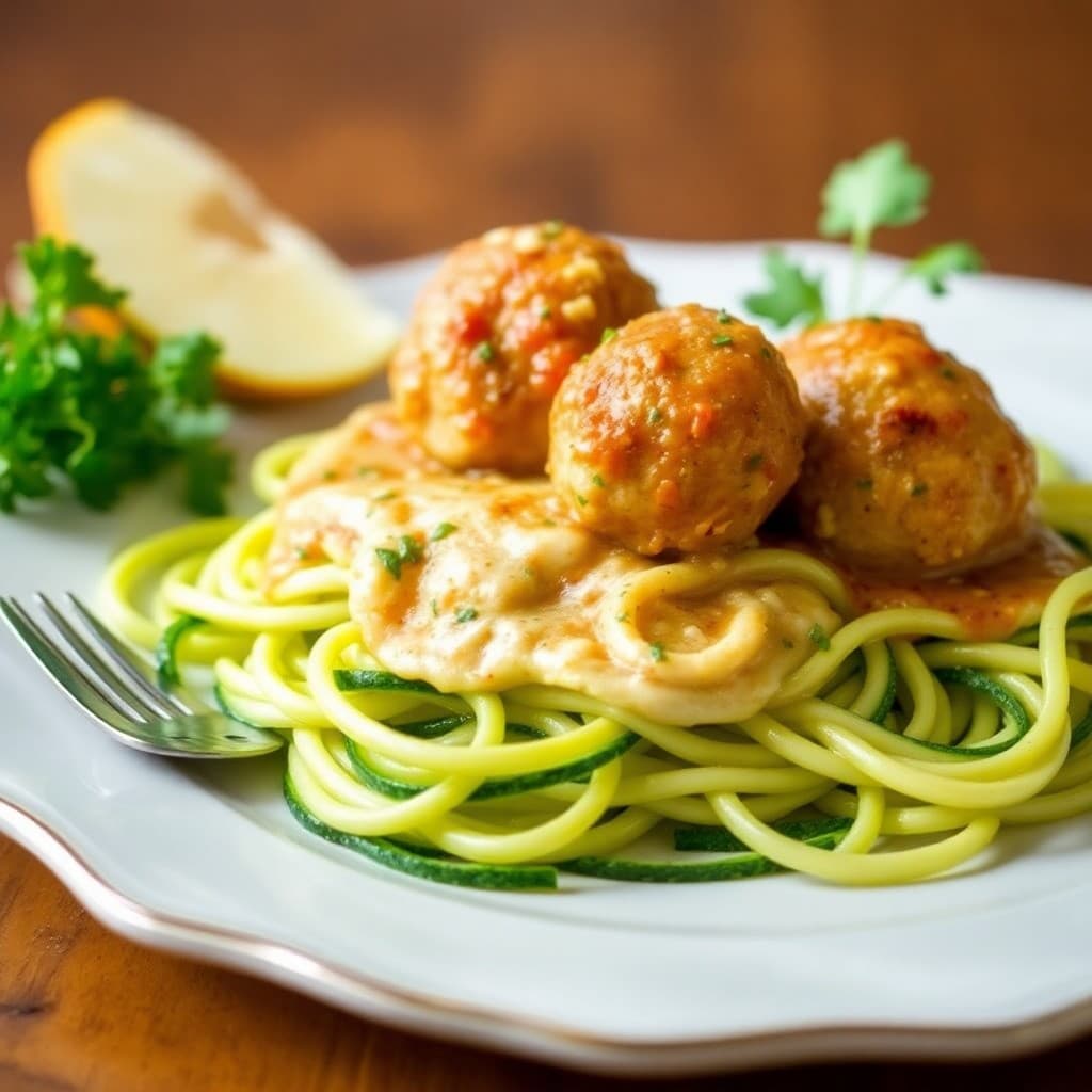 Garlic Parmesan Chicken Meatballs with Zucchini Noodles