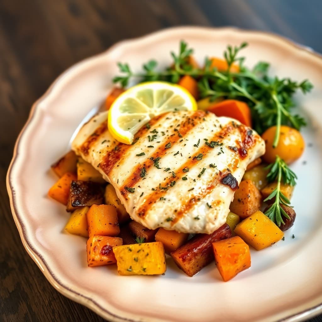Zesty Lemon Herb Grilled Chicken with Roasted Sweet Potato Medley