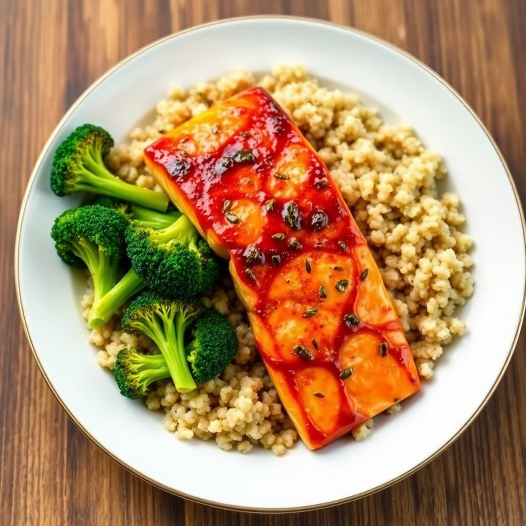 Seared Teriyaki Salmon with Garlic Roasted Broccoli and Quinoa