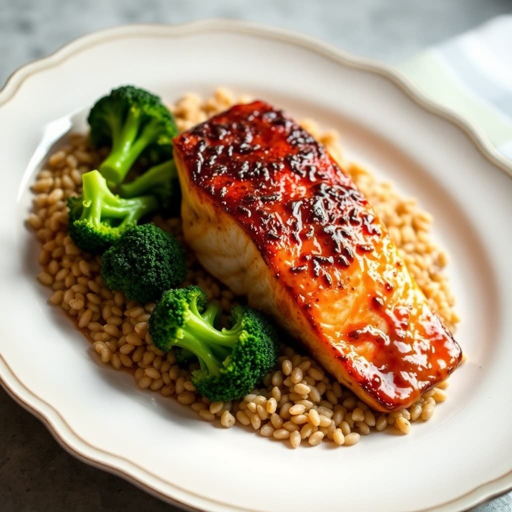 Seared Miso-Ginger Salmon with Roasted Broccoli and Farro