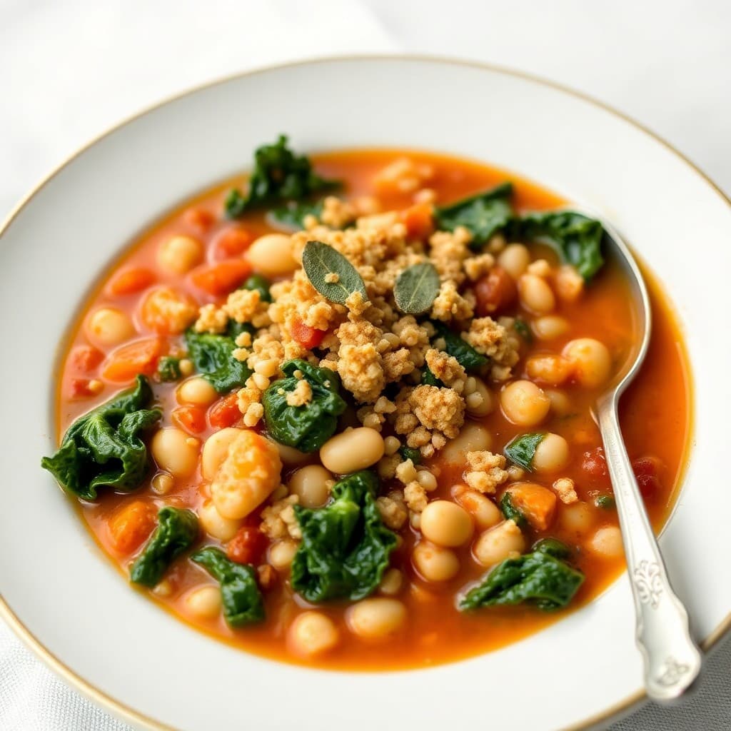 Tuscan White Bean & Farro Soup with Crispy Sage Oil
