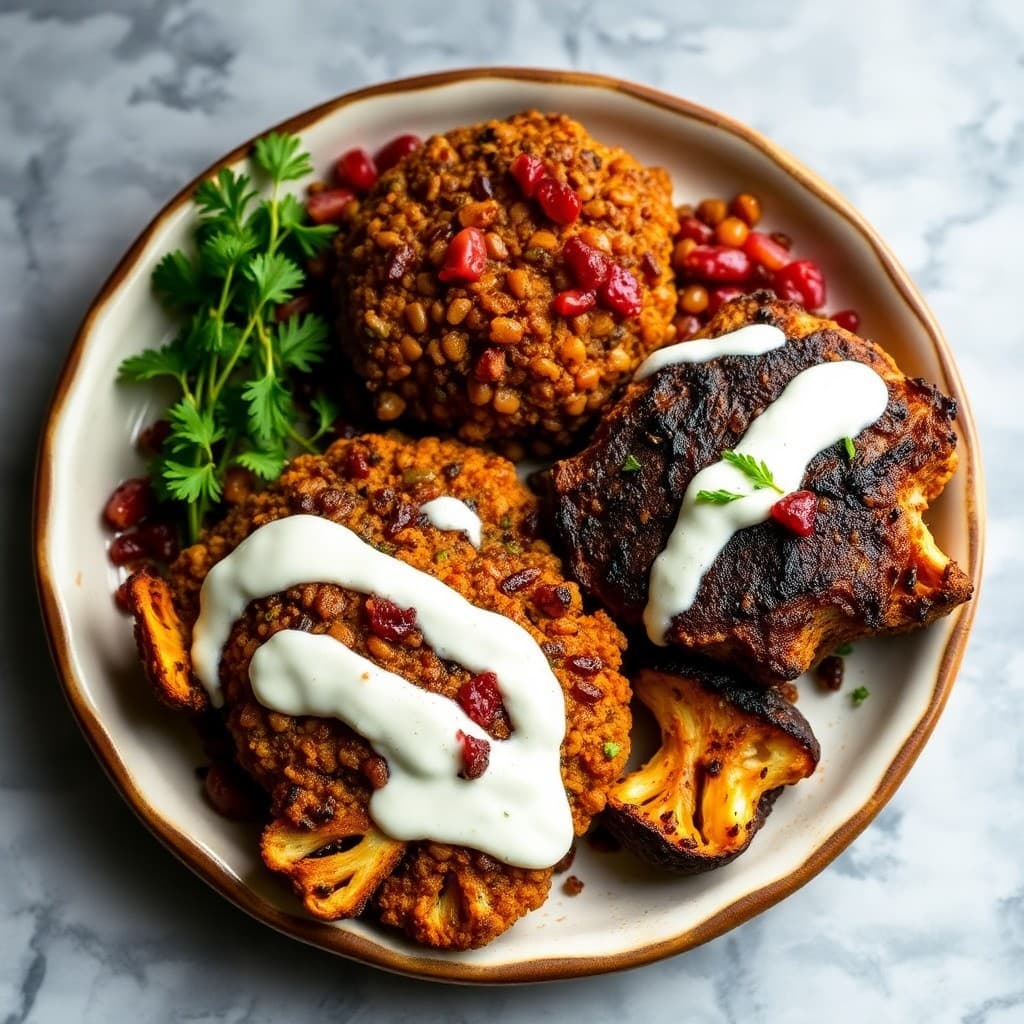 Lebanese Lentil & Pomegranate Kibbeh with Roasted Cauliflower Steaks & Tahini-Yogurt Drizzle