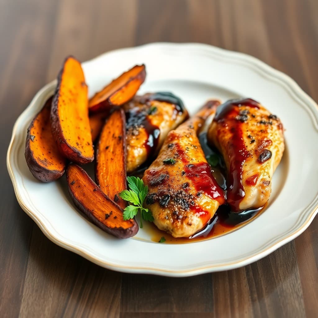 Balsamic Glazed Chicken Thighs with Roasted Sweet Potato Wedges