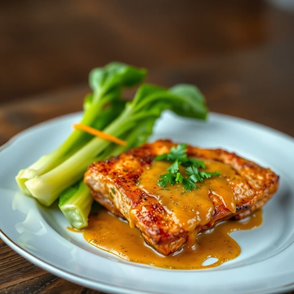 Thai-Inspired Crispy Pork Belly with Coconut-Lime Sauce & Charred Bok Choy