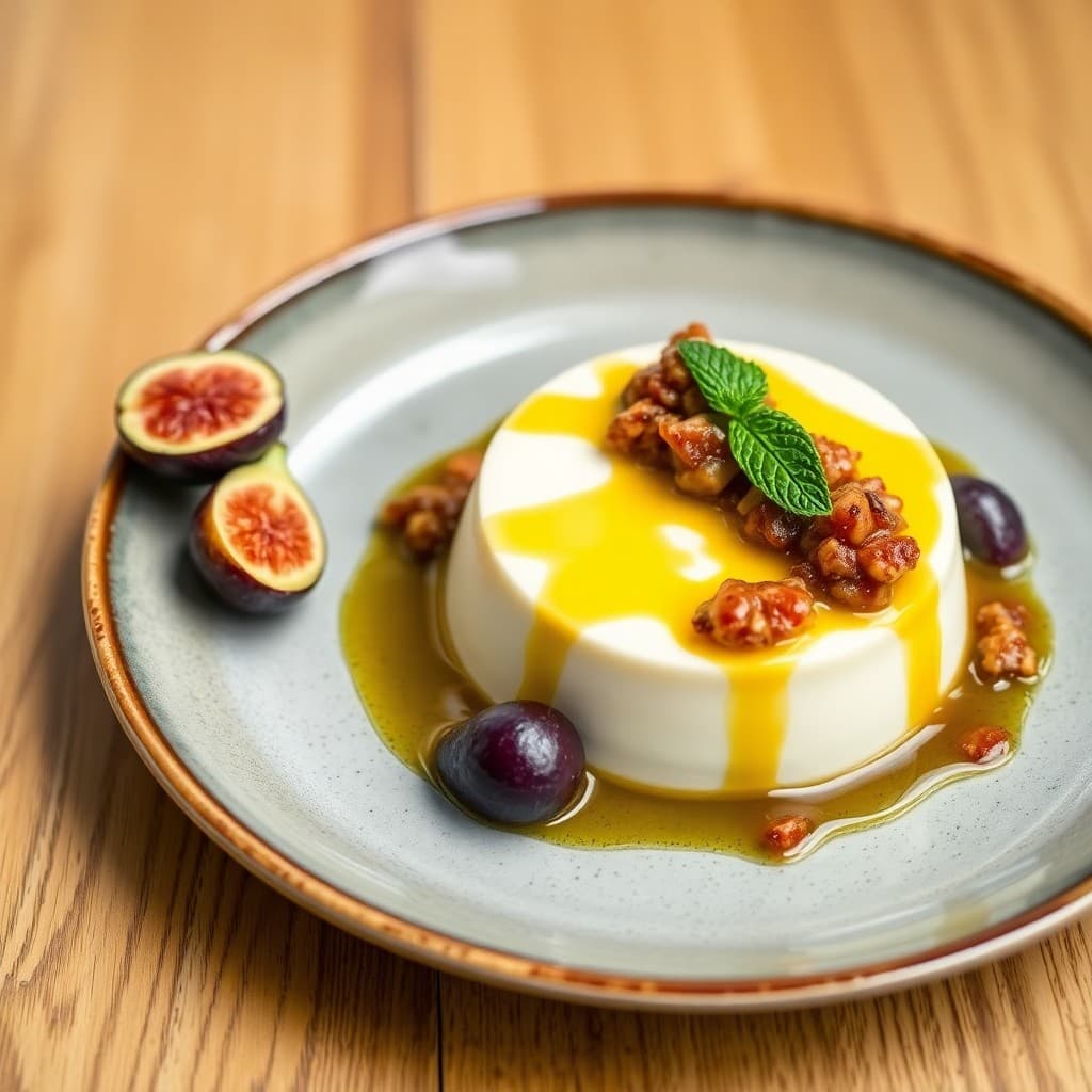 Spanish Saffron Panna Cotta with Roasted Fig & Almond Compote