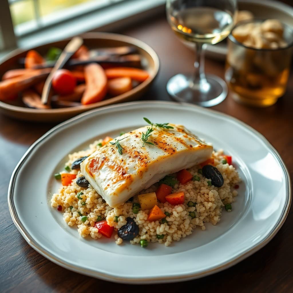 Provençal Halibut with Roasted Vegetables and Herbed Couscous