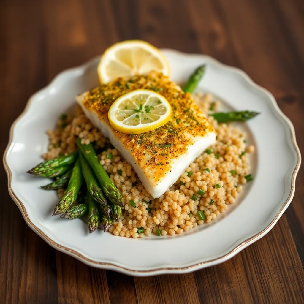 Lemon-Herb Baked Halibut with Roasted Asparagus and Quinoa