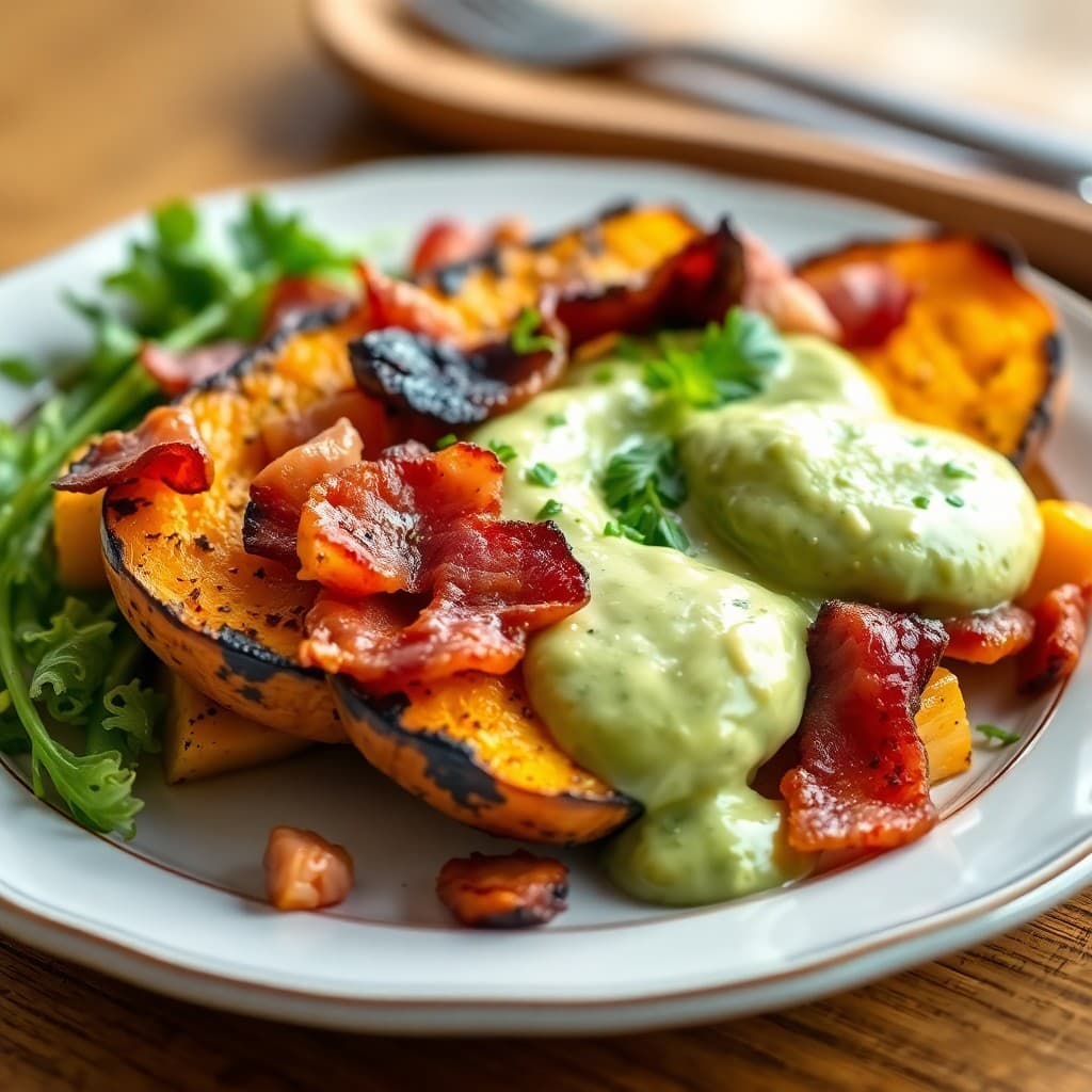 Roasted Butternut Squash with Crispy Bacon and Creamy Avocado Sauce