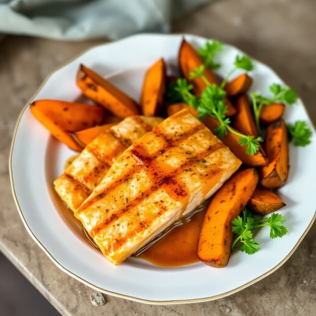 Honey Garlic Grilled Salmon with Roasted Sweet Potato Wedges