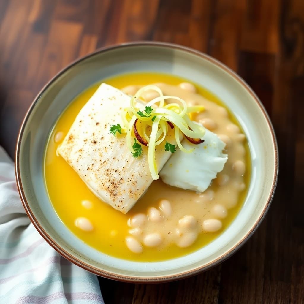Saffron-Poached Sea Bass with Creamy White Bean Purée & Charred Fennel Carpaccio