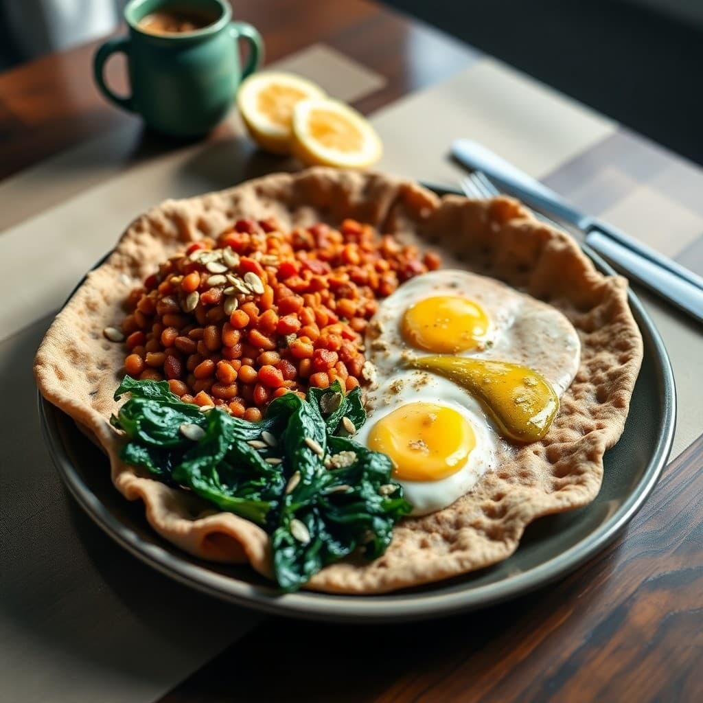 Ethiopian Injera Breakfast Platter with Spiced Lentil Wat & Sautéed Gomen