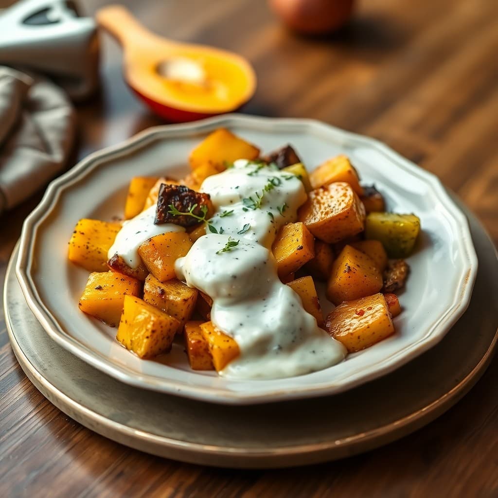 Roasted Autumn Squash with Creamy Garlic Sauce