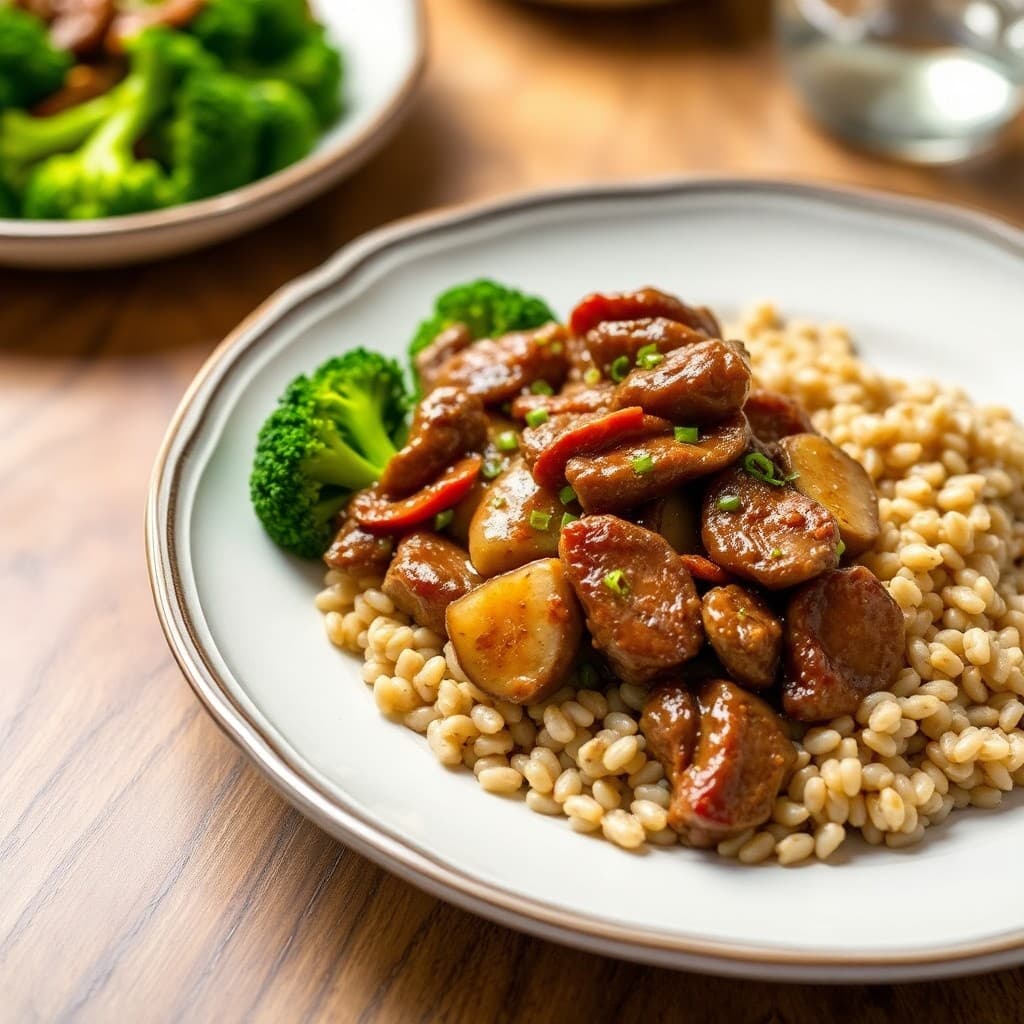 Sizzling Garlic-Ginger Beef Stir-Fry with Steamed Broccoli and Barley