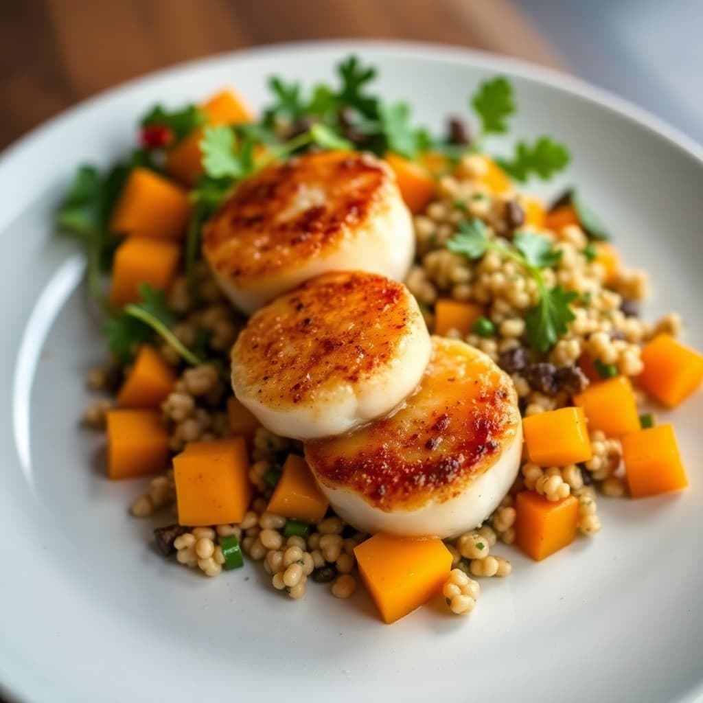 Seared Scallops with Roasted Butternut Squash and Quinoa Salad