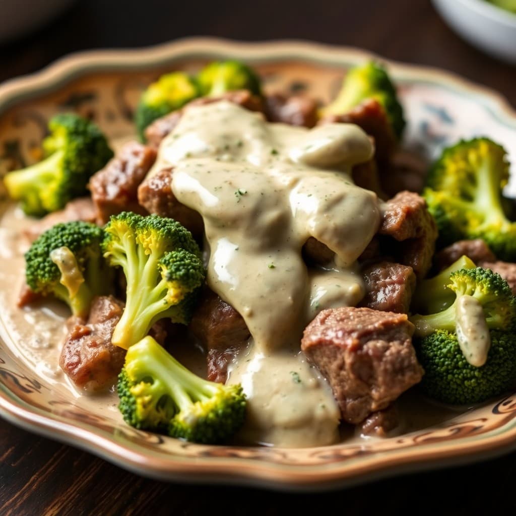 Baked Beef and Broccoli with Creamy Garlic Sauce