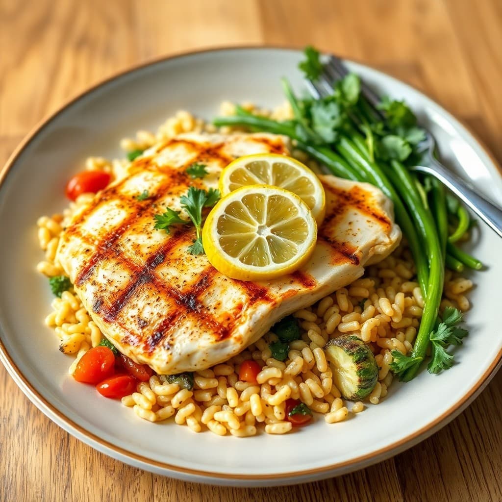 Grilled Lemon-Garlic Chicken with Roasted Vegetable Orzo
