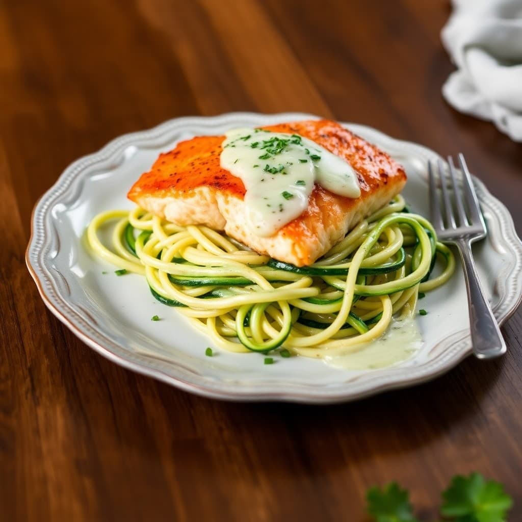 Seared Salmon with Zucchini Noodles and Lemon Herb Sauce