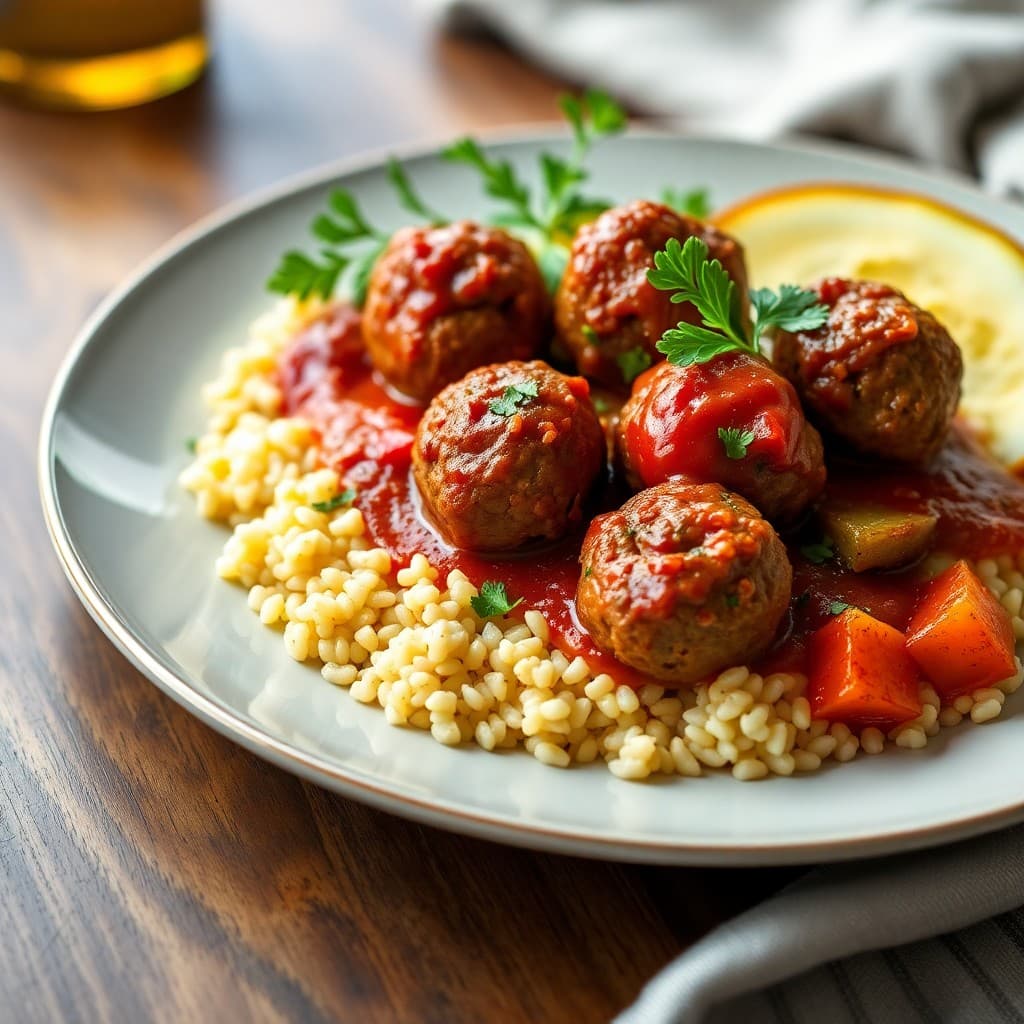Spicy Moroccan Beef Meatballs with Roasted Vegetable Couscous
