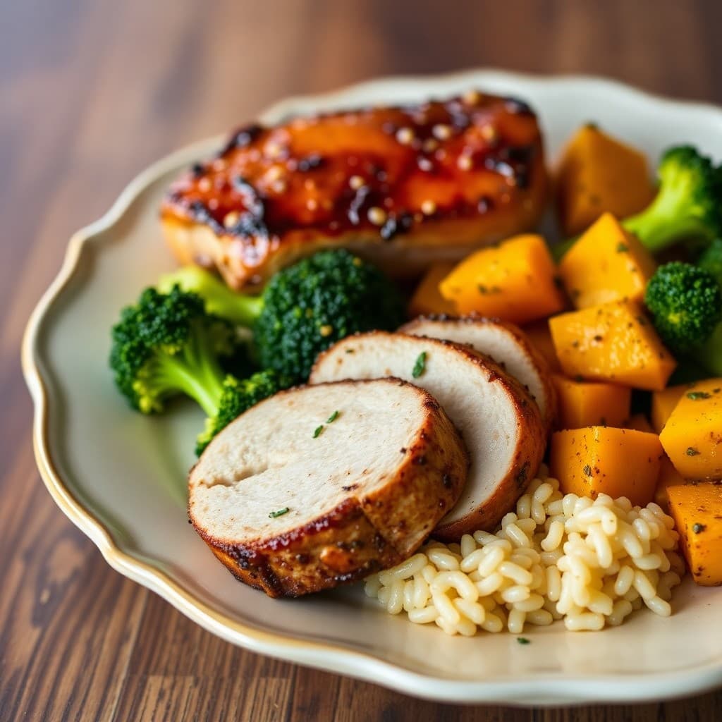 Seared Ginger-Garlic Pork Tenderloin with Roasted Butternut Squash and Broccoli