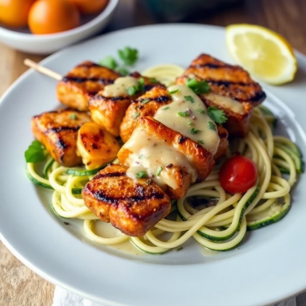 Vibrant Tuscan Chicken Skewers with Garlic Parmesan Zucchini Noodles
