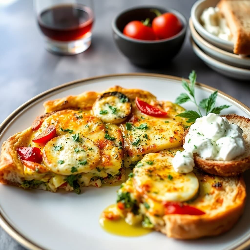 Greek-Style Halloumi & Roasted Vegetable Frittata with Crispy Herb Oil