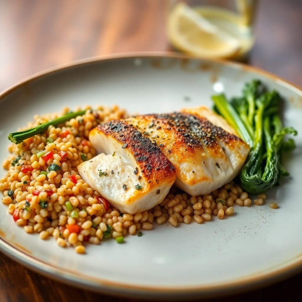 Pan-Seared Sea Bass with Herbed Farro & Roasted Romanesco