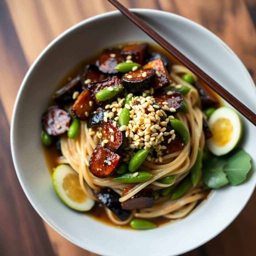 Japanese Miso-Glazed Eggplant & Edamame Ramen with Crispy Garlic Oil