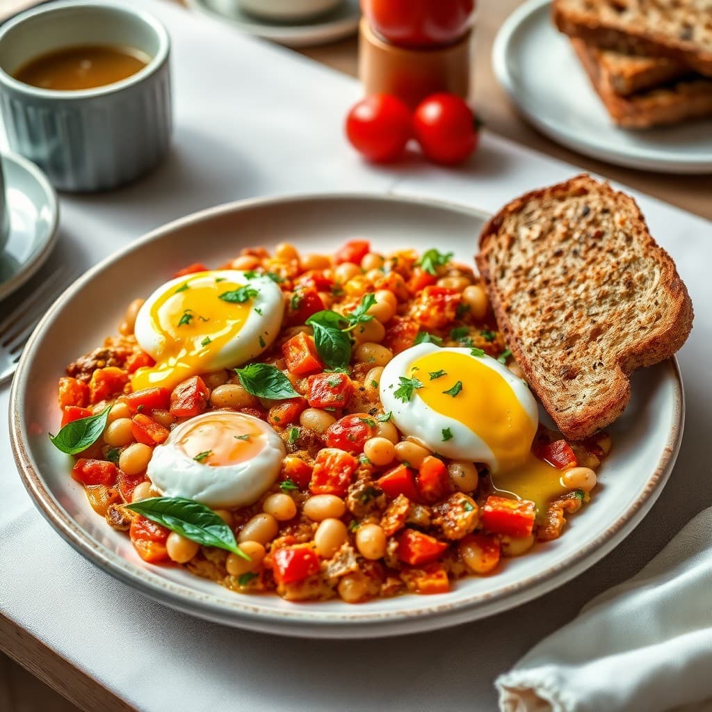 Turkish Menemen with Poached Eggs, White Beans & Herb-Crisp Whole Grain Toast