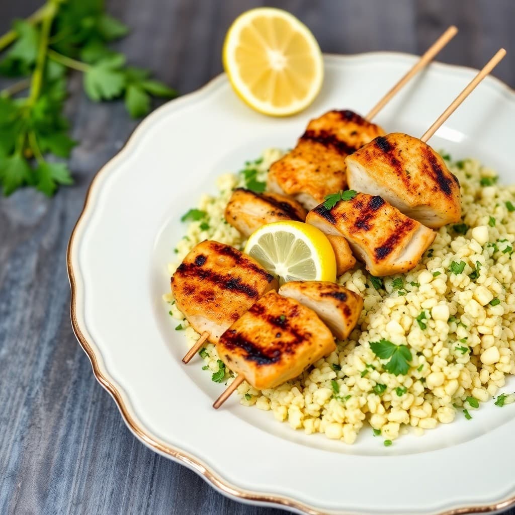 Lemon Garlic Grilled Chicken Skewers with Herbed Couscous