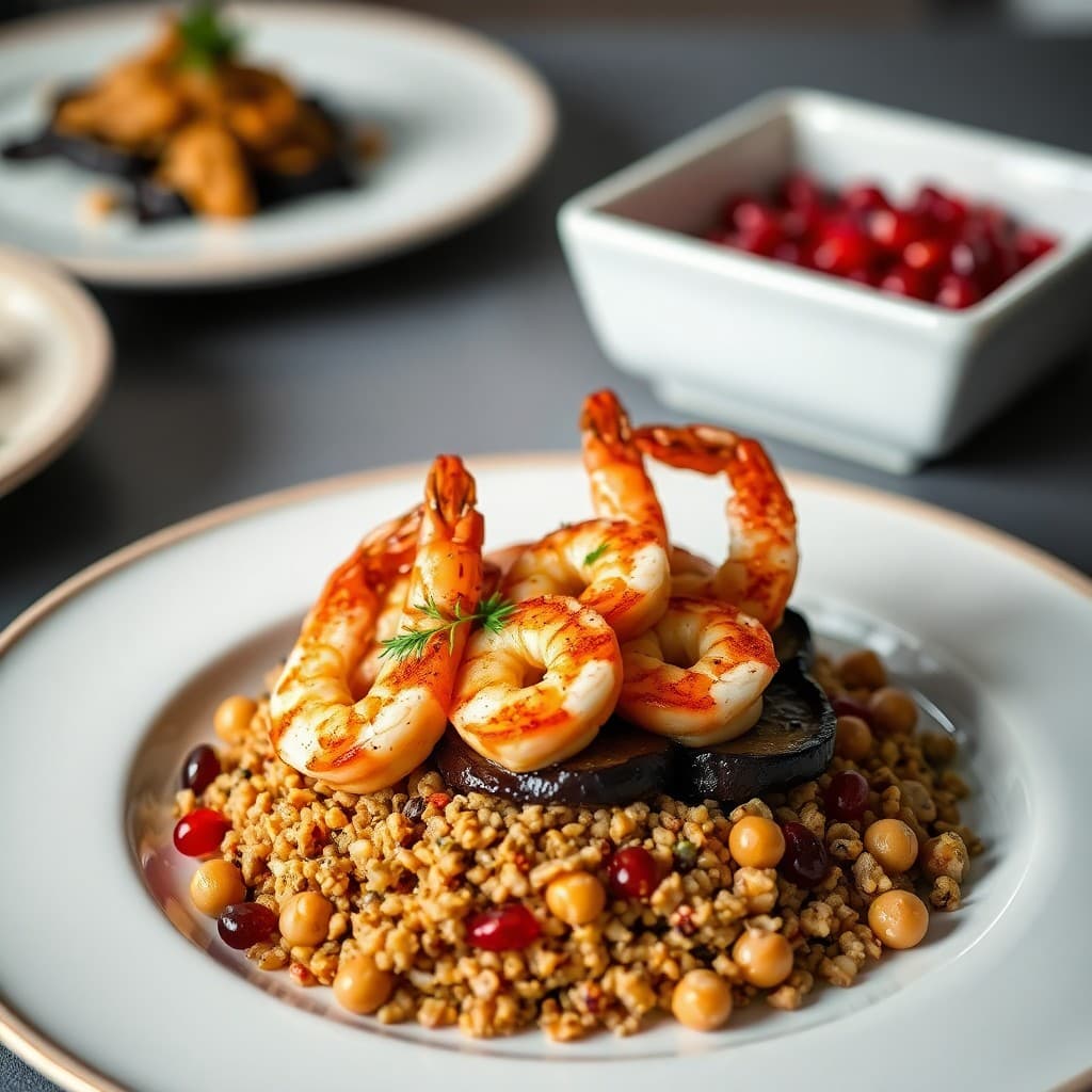 Turkish Pan-Seared Shrimp with Charred Eggplant & Freekeh Pilaf